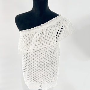 Tory Burch Zoe Top White One-Shoulder Eyelet Lace Flutter Ruffle Size 6, NWT